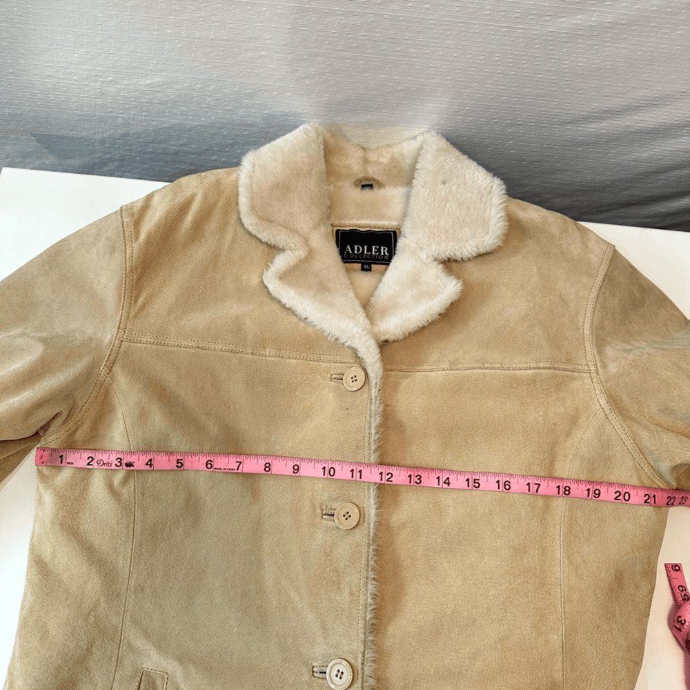 Womens XL Suede Faux Fur Lined Winter Jacket Pockets Cream Boho 70s Style - Picture 3 of 15